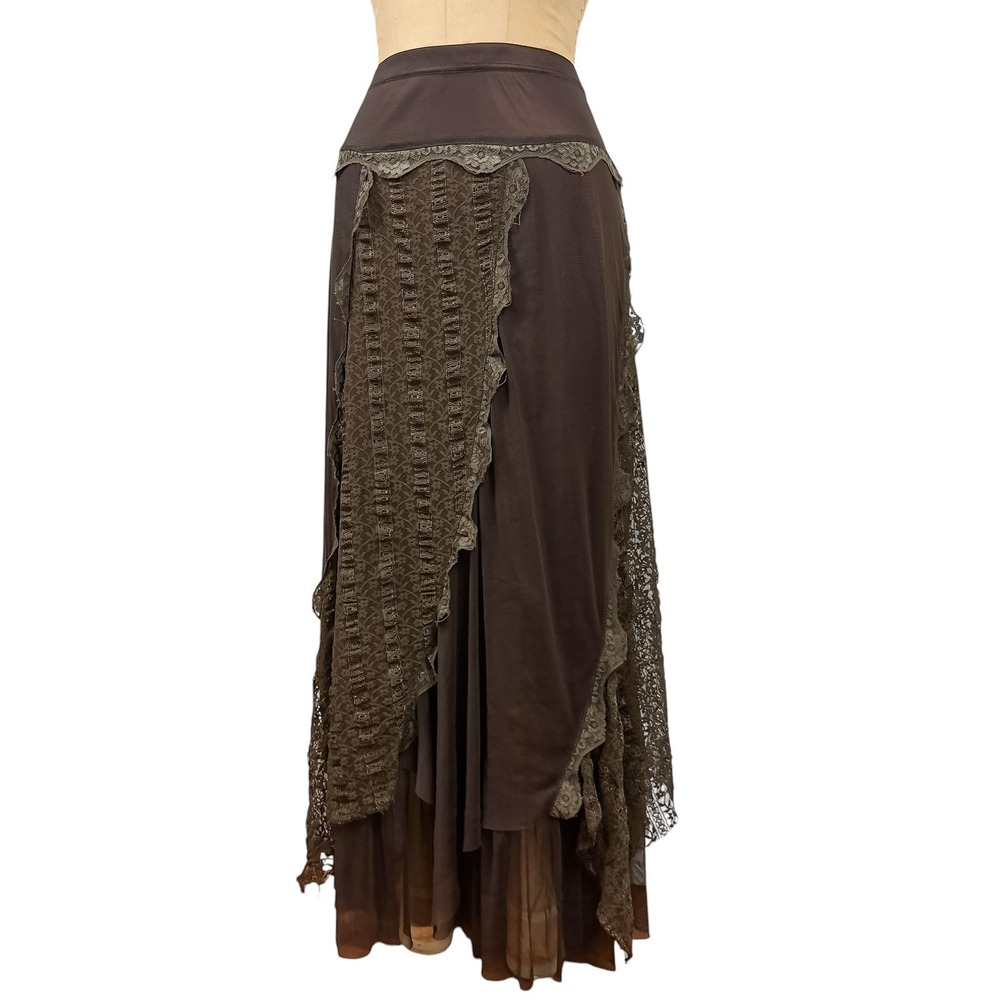 MOA Brown Whimsygoth Lace Mesh Maxi Skirt Fairy Grunge Handkerchief Hem Size S